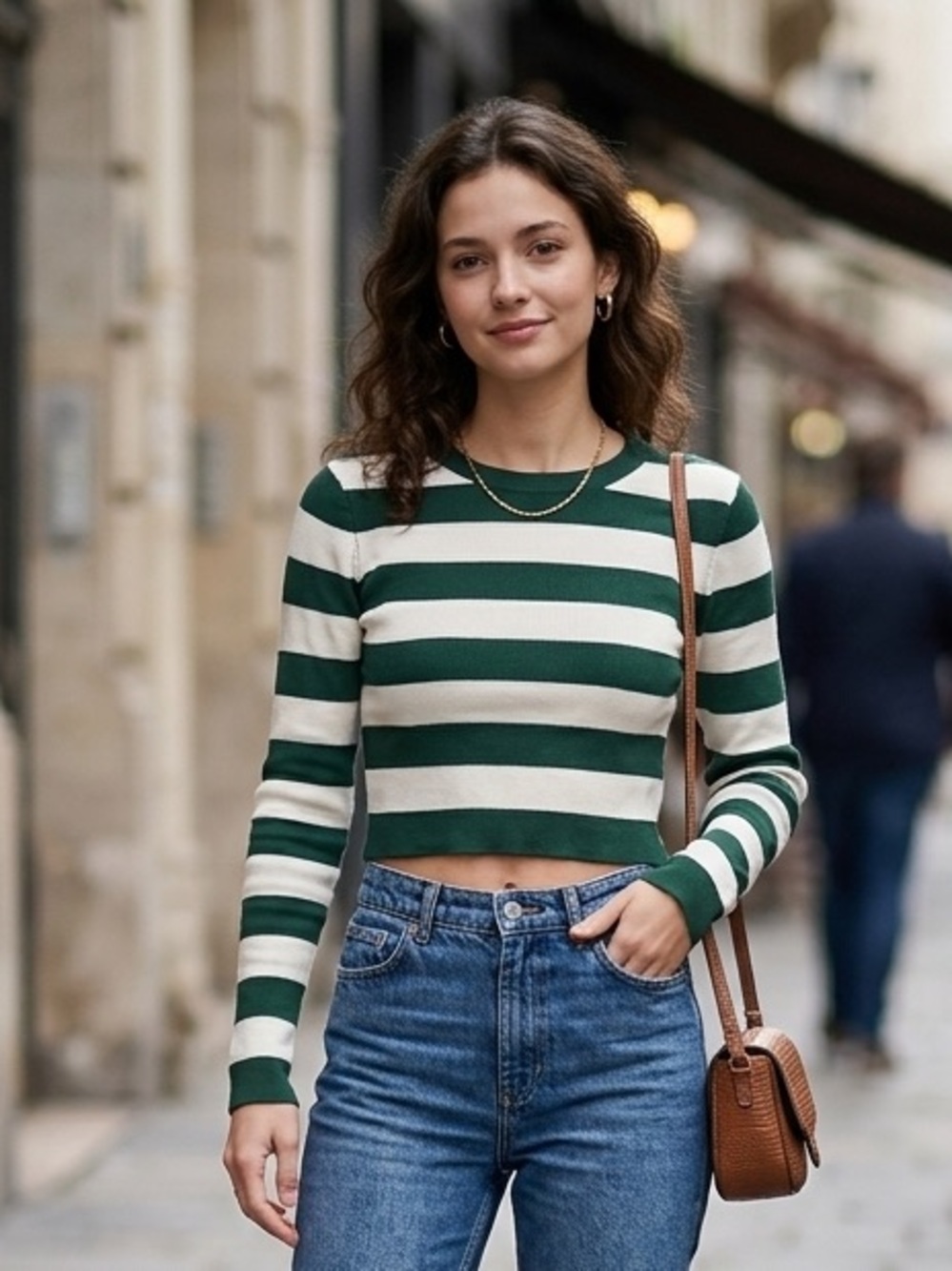 Zara Blue High-Rise Jeans with Green & Cream Striped Top